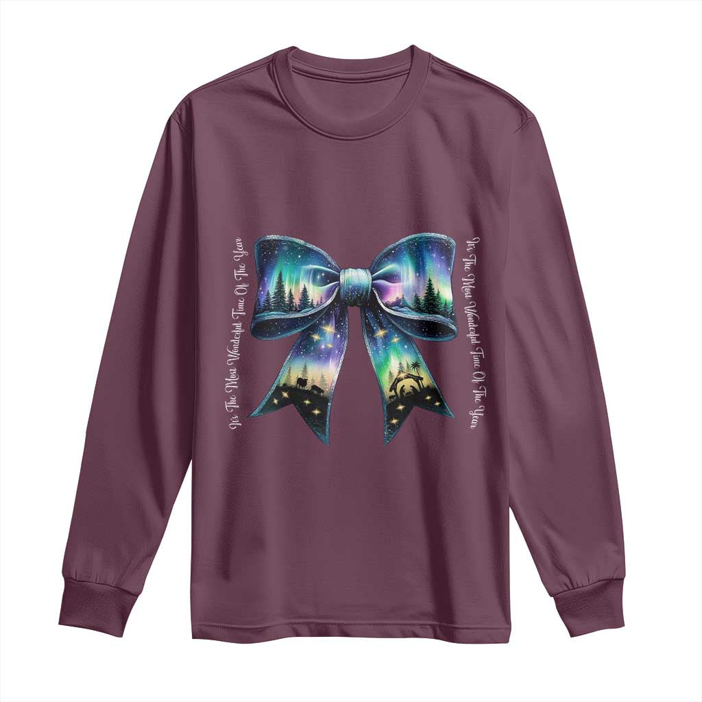 Christmas Alaska Aurora Long Sleeve Shirt Christian Most Wonderful Time Of The Year Coquette Bow TS09 Maroon Print Your Wear