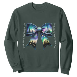 Christmas Alaska Aurora Sweatshirt Christian Most Wonderful Time Of The Year Coquette Bow TS09 Dark Forest Green Print Your Wear