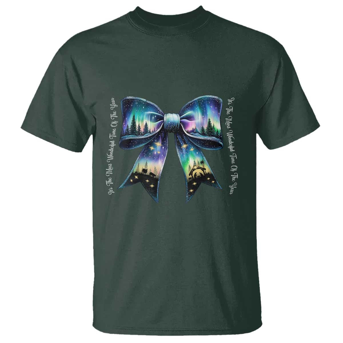 Christmas Alaska Aurora T Shirt Christian Most Wonderful Time Of The Year Coquette Bow TS09 Dark Forest Green Print Your Wear