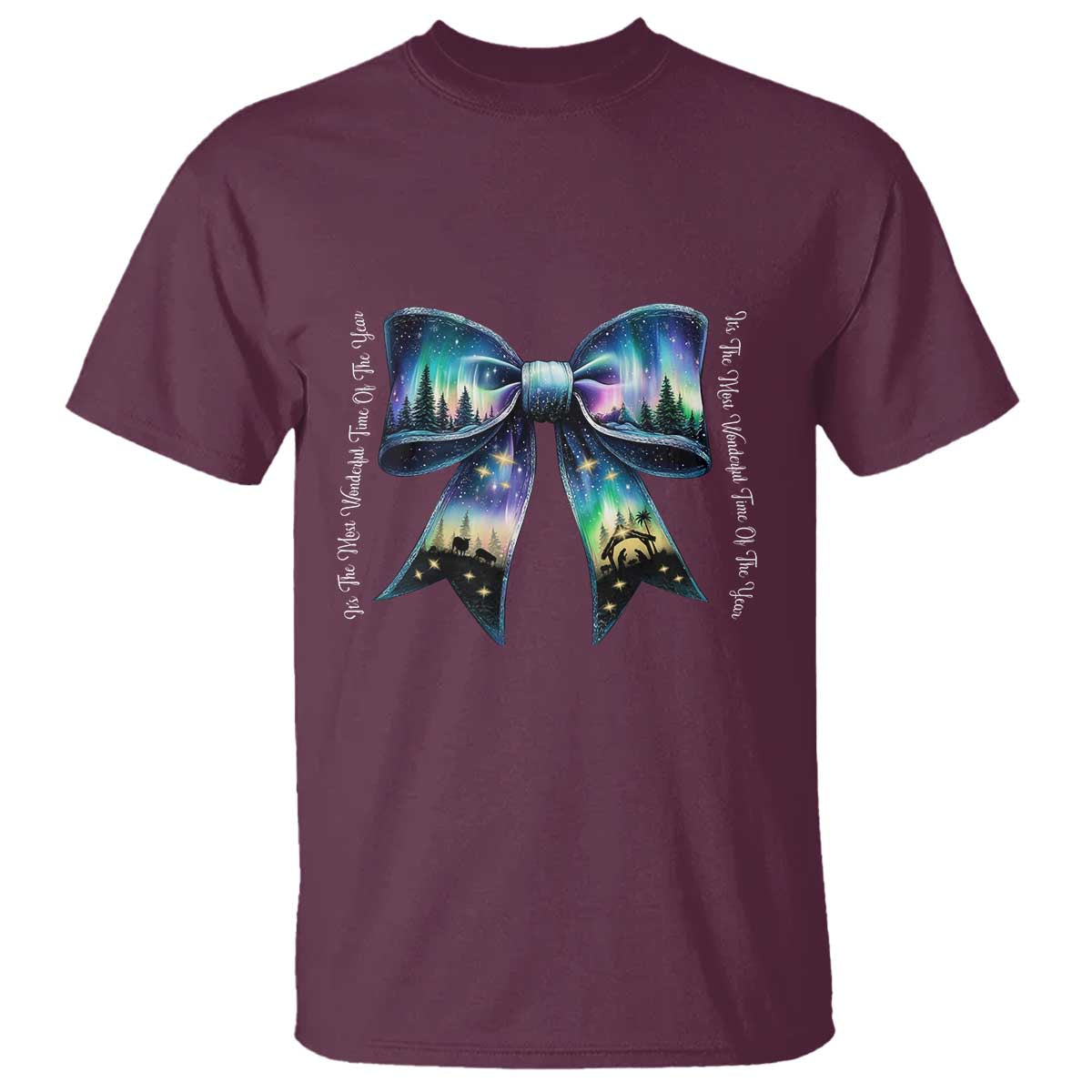 Christmas Alaska Aurora T Shirt Christian Most Wonderful Time Of The Year Coquette Bow TS09 Maroon Print Your Wear