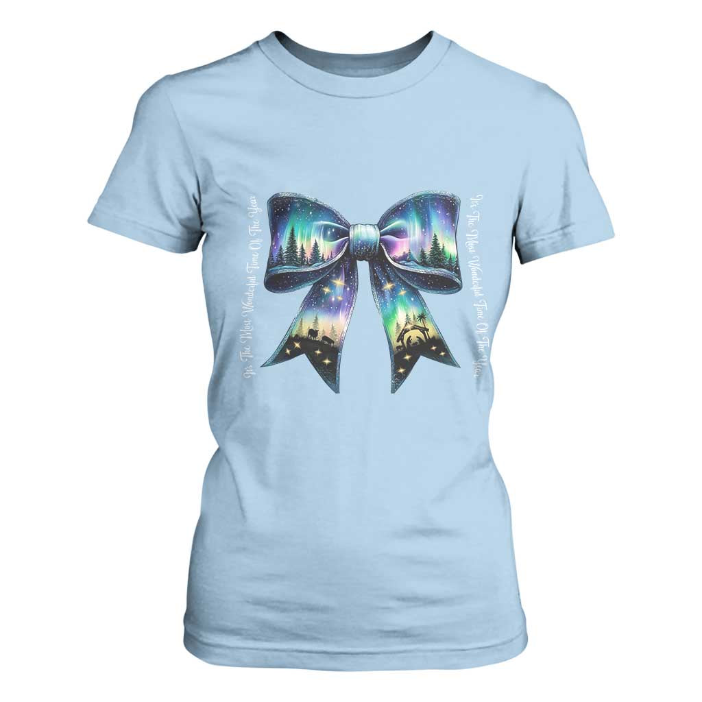 Christmas Alaska Aurora T Shirt For Women Christian Most Wonderful Time Of The Year Coquette Bow TS09 Light Blue Print Your Wear