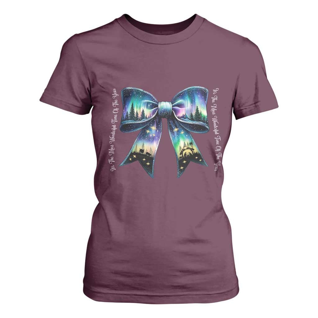 Christmas Alaska Aurora T Shirt For Women Christian Most Wonderful Time Of The Year Coquette Bow TS09 Maroon Print Your Wear