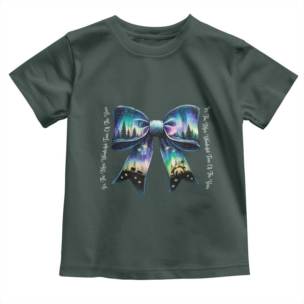 Christmas Alaska Aurora Toddler T Shirt Christian Most Wonderful Time Of The Year Coquette Bow TS09 Dark Forest Green Print Your Wear