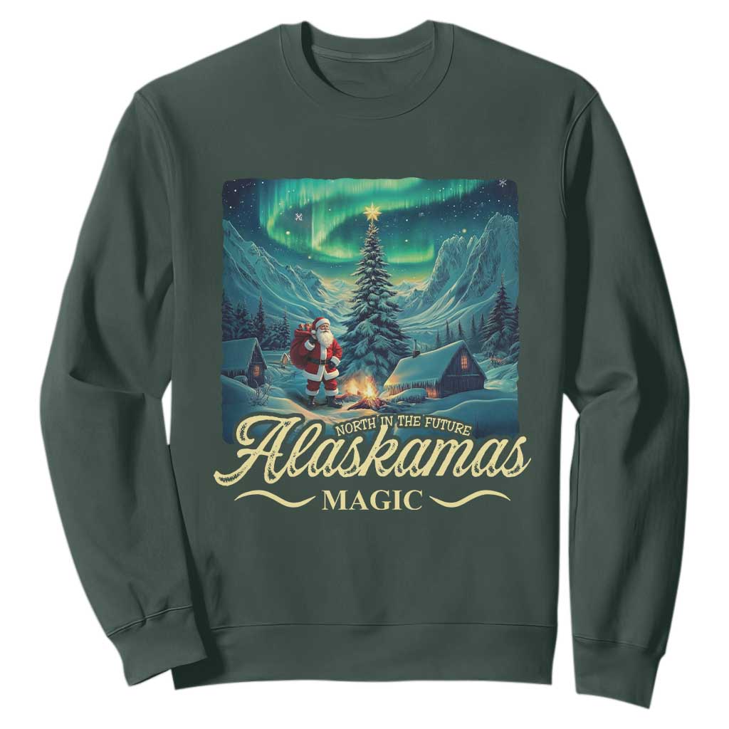 Xmas In Alaska Sweatshirt Alaskamas Magic Aurora Santa TS09 Dark Forest Green Print Your Wear