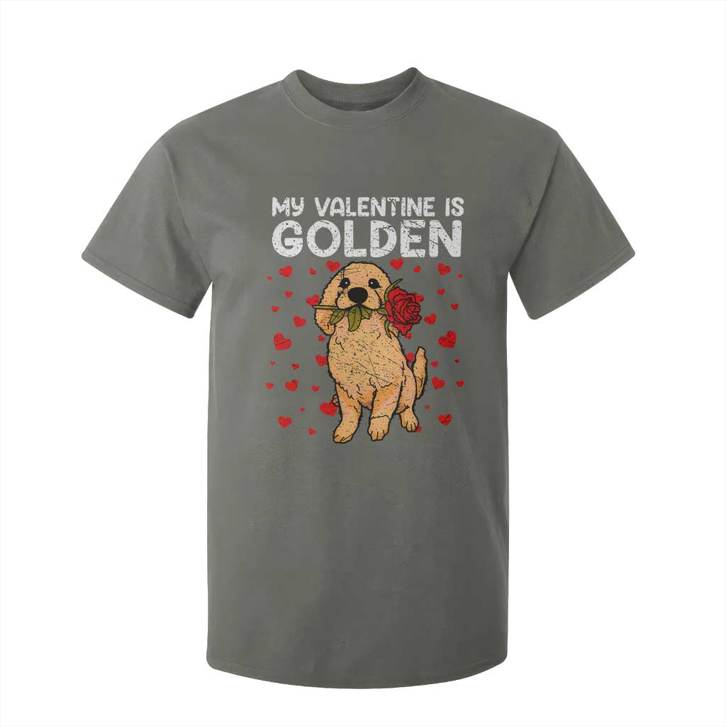 Valentine's Day T Shirt For Kid My Valentine Is Golden Retriever Cute Pet Dog Rose TS09 Military Green Print Your Wear