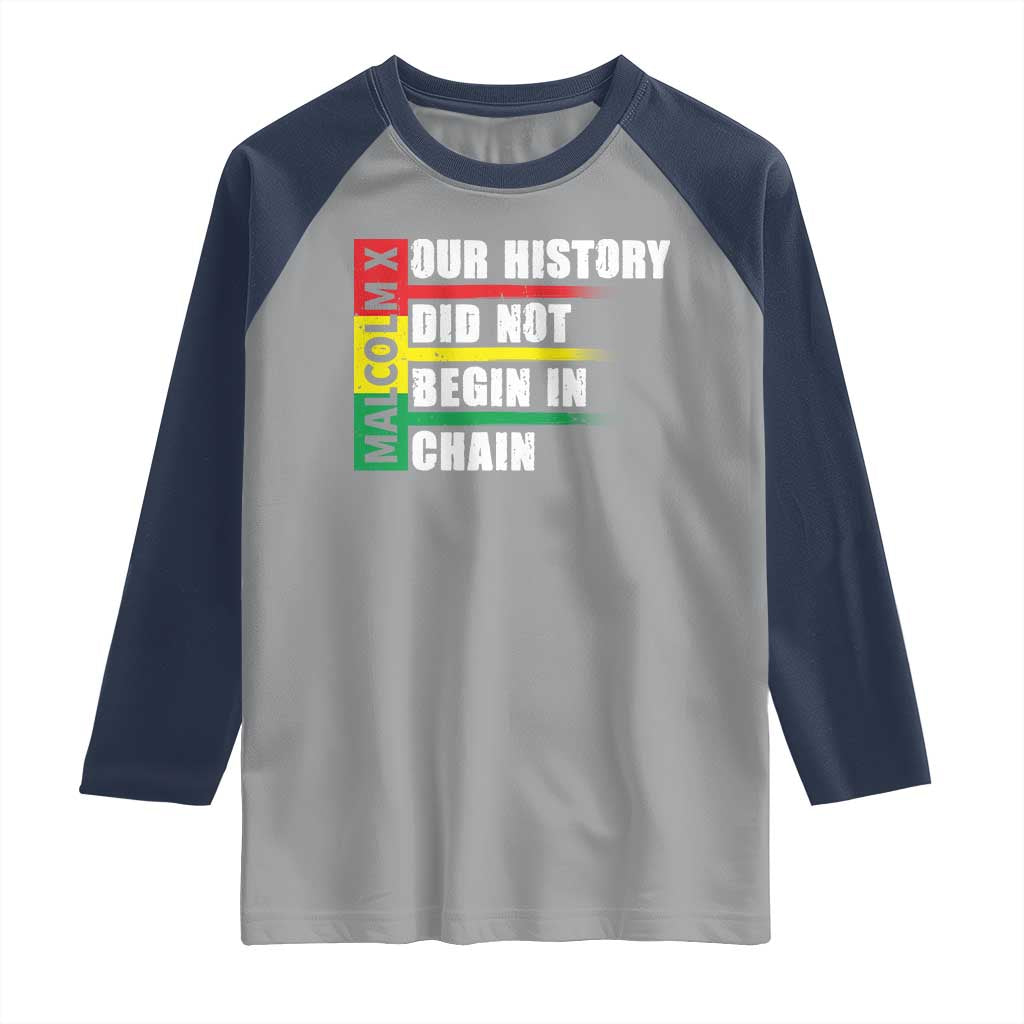 Malcolm X Raglan Shirt Our History Did Not Begin In Chains TS09 Sport Gray Navy Print Your Wear