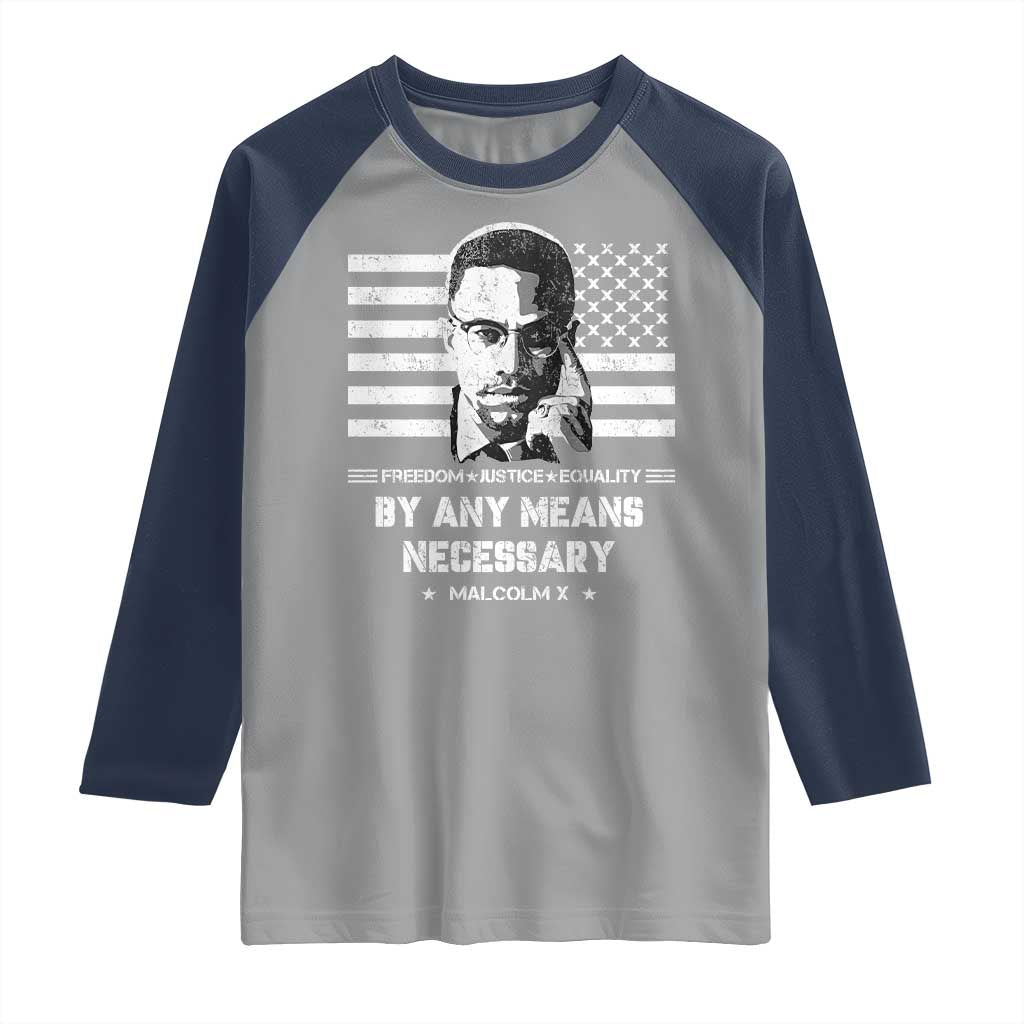 Malcolm X Raglan Shirt By Any Means Necessary American Flag TS09 Sport Gray Navy Print Your Wear