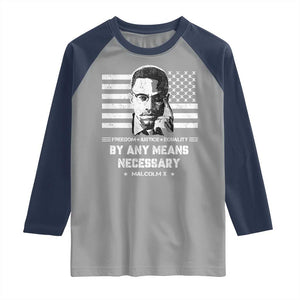 Malcolm X Raglan Shirt By Any Means Necessary American Flag TS09 Sport Gray Navy Print Your Wear