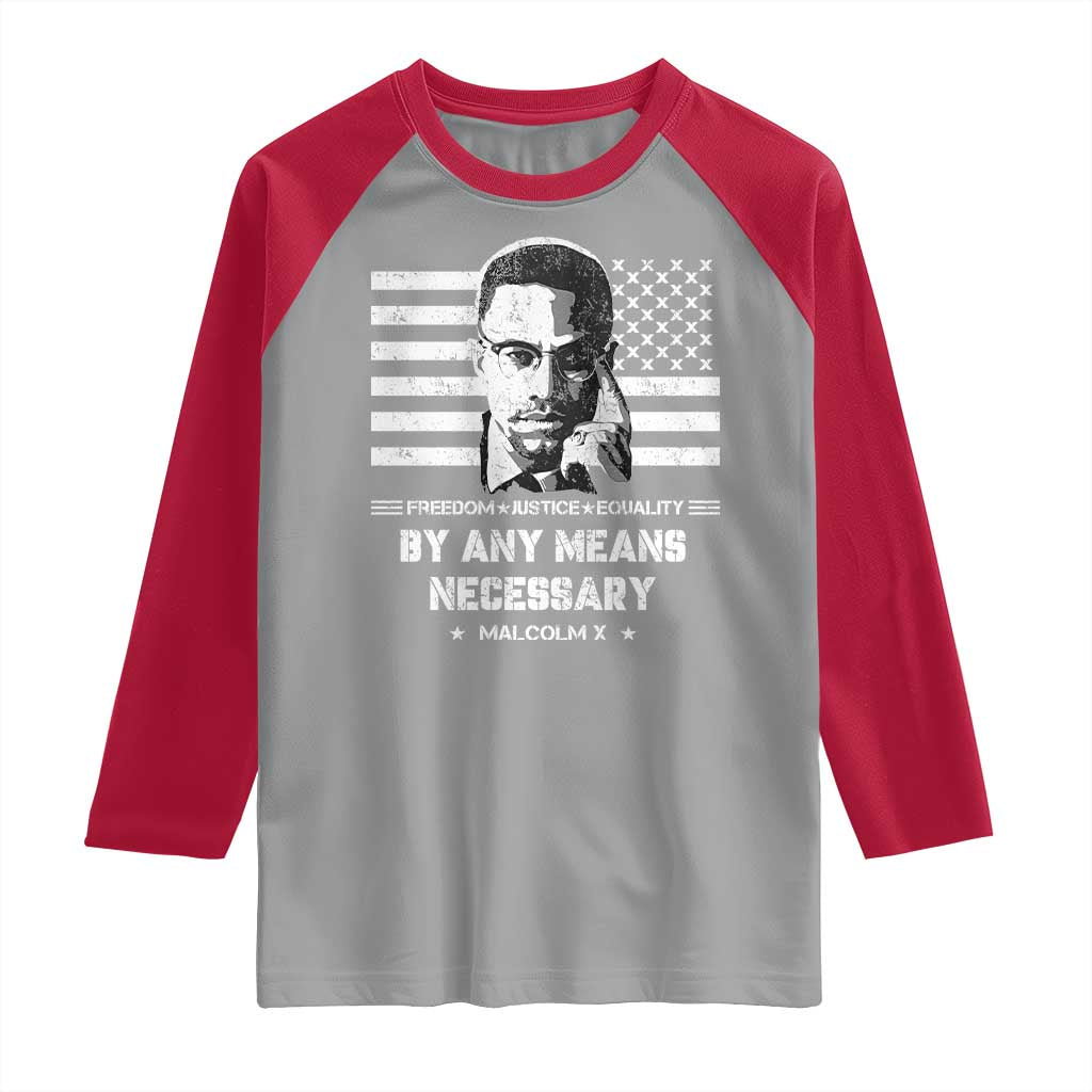 Malcolm X Raglan Shirt By Any Means Necessary American Flag TS09 Sport Gray Red Print Your Wear