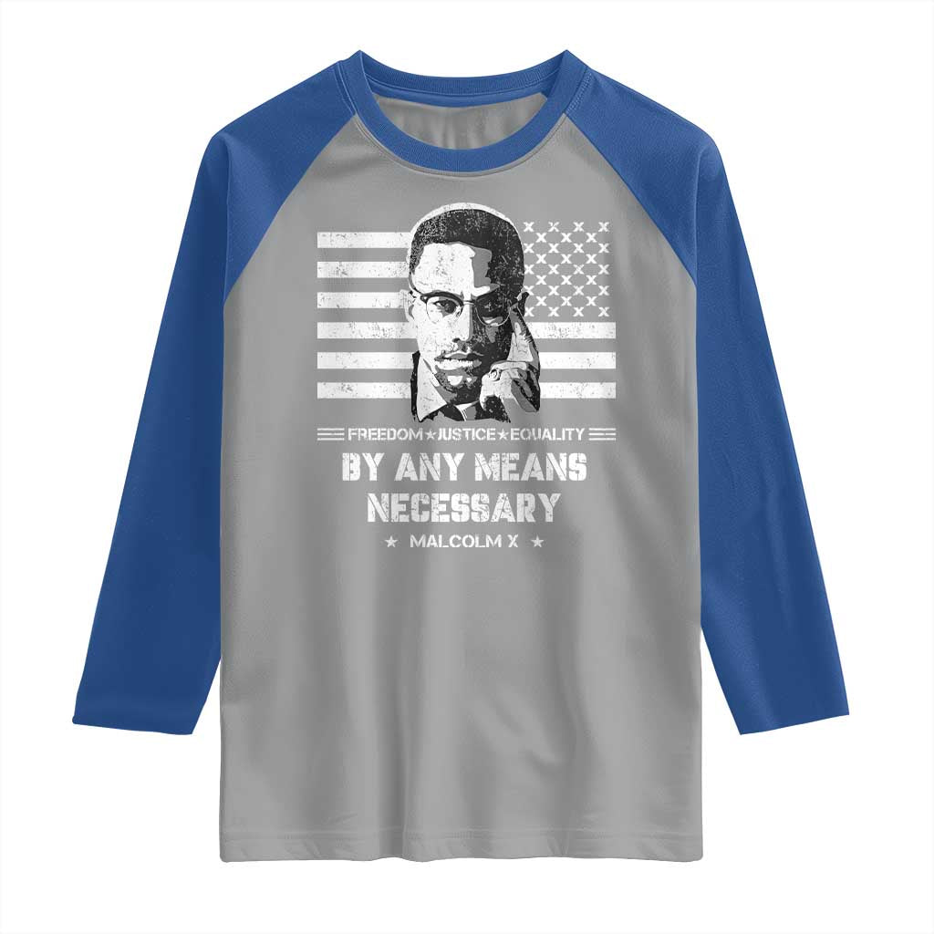 Malcolm X Raglan Shirt By Any Means Necessary American Flag TS09 Sport Gray Royal Print Your Wear