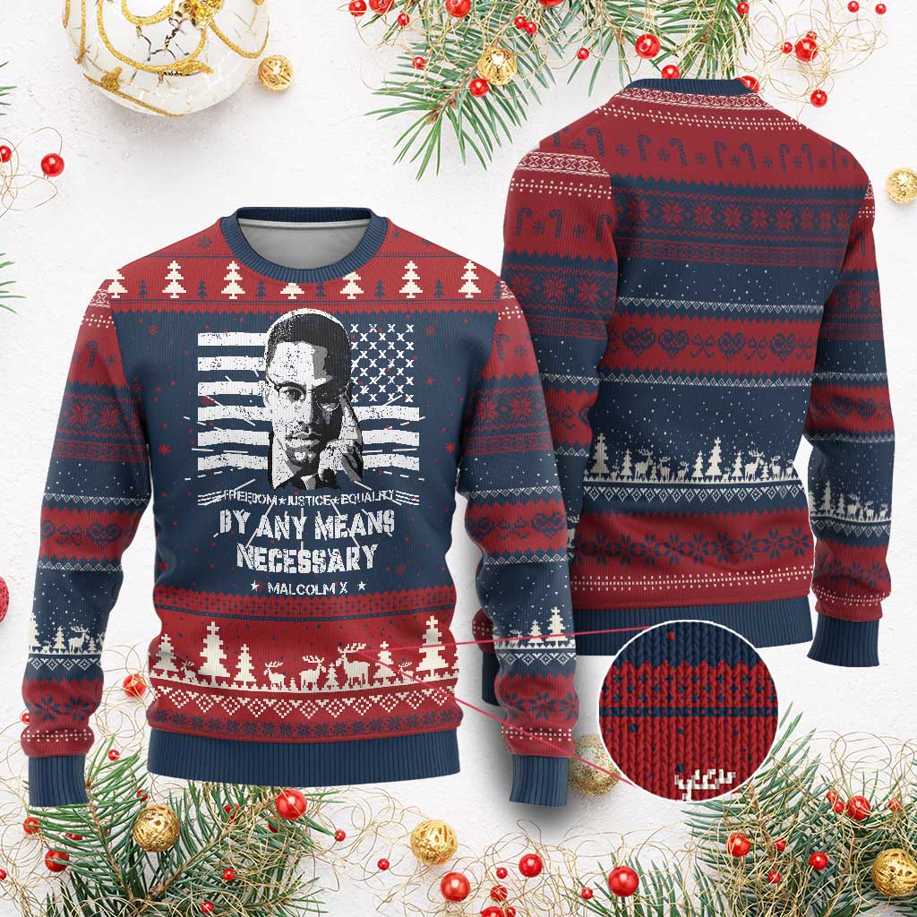 Malcolm X Ugly Christmas Sweater By Any Means Necessary American Flag TS09 Burgundy Print Your Wear