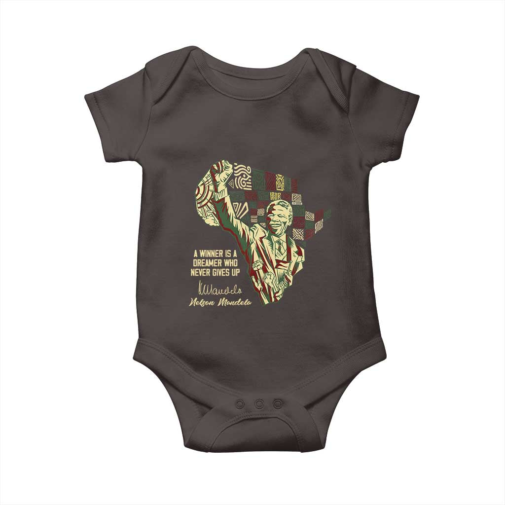 Nelson Mandela Baby Onesie A Winner Is A Dreamer Who Never Gives Up TS09 Dark Chocolate Print Your Wear