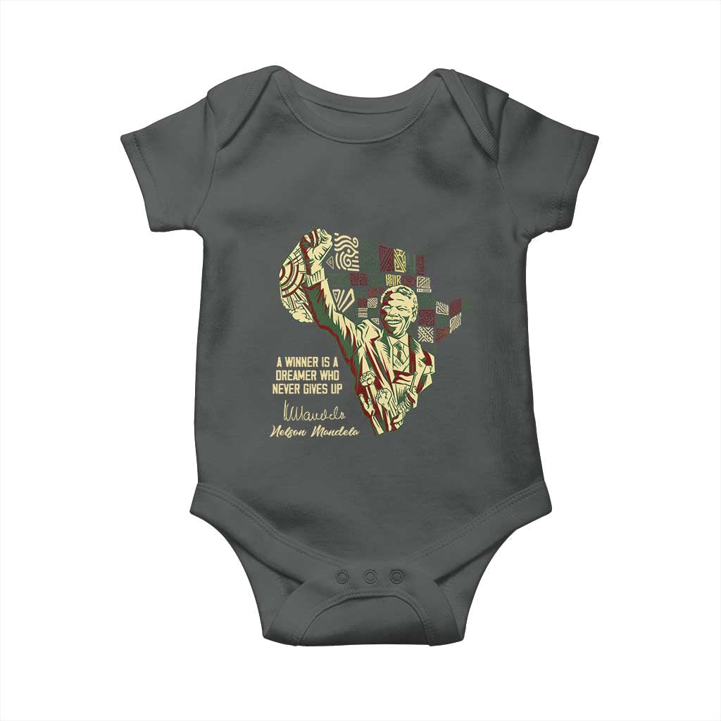 Nelson Mandela Baby Onesie A Winner Is A Dreamer Who Never Gives Up TS09 Dark Heather Print Your Wear
