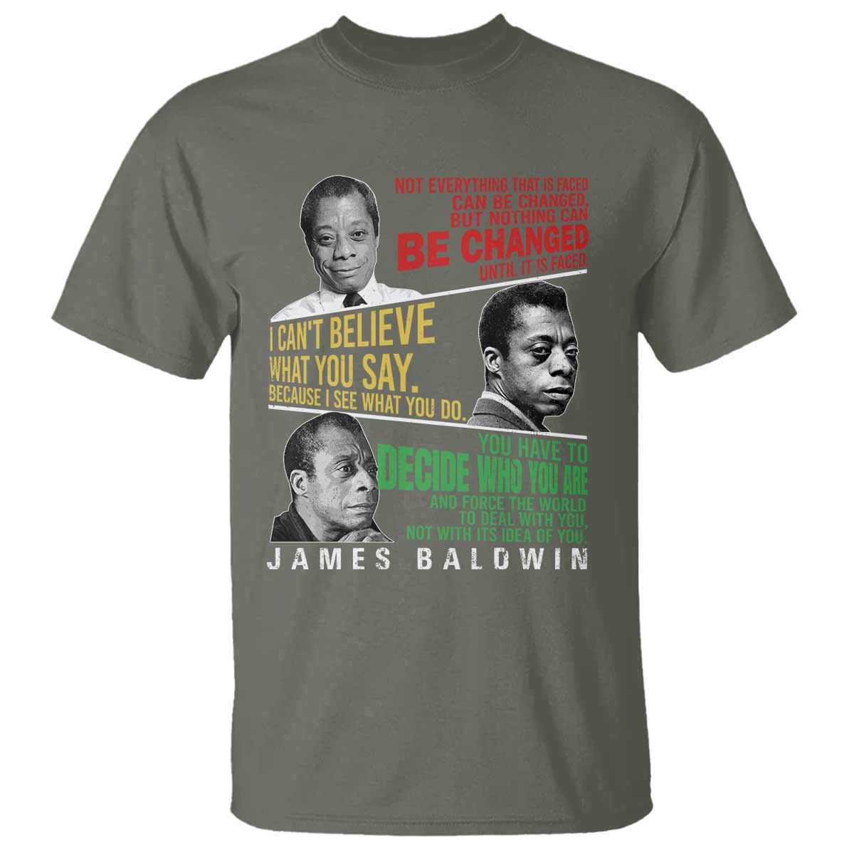 James Baldwin T Shirt Famous Quotes Nothing Can Be Changed Until It Is Faced TS09 Military Green Print Your Wear