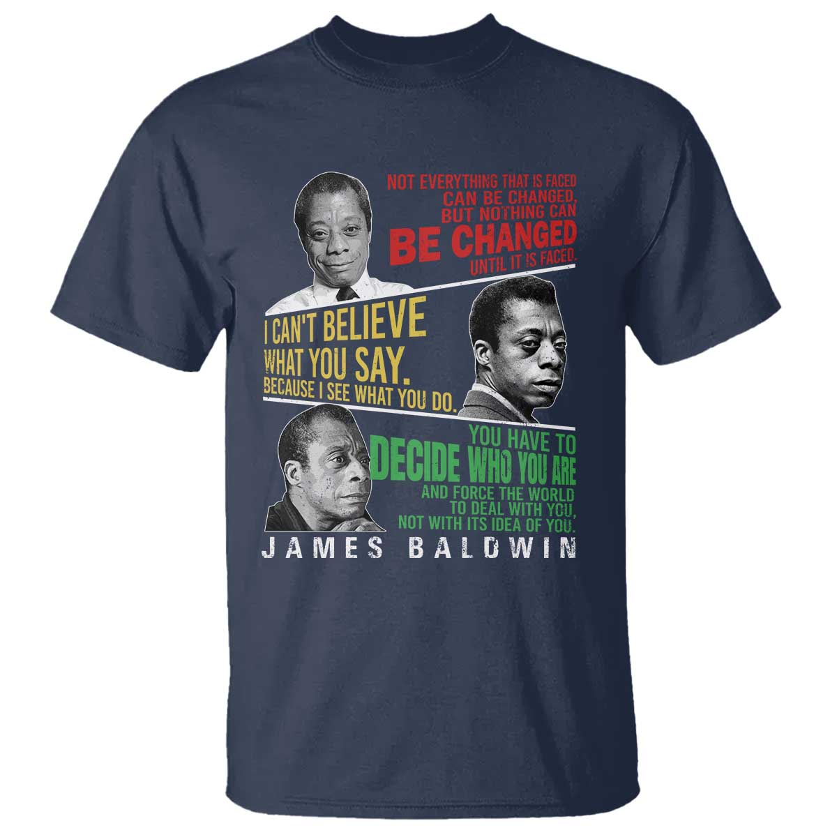 James Baldwin T Shirt Famous Quotes Nothing Can Be Changed Until It Is Faced TS09 Navy Print Your Wear