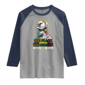 Marcus Garvey Raglan Shirt Too Black Too Strong One People One Nation TS09 Sport Gray Navy Print Your Wear