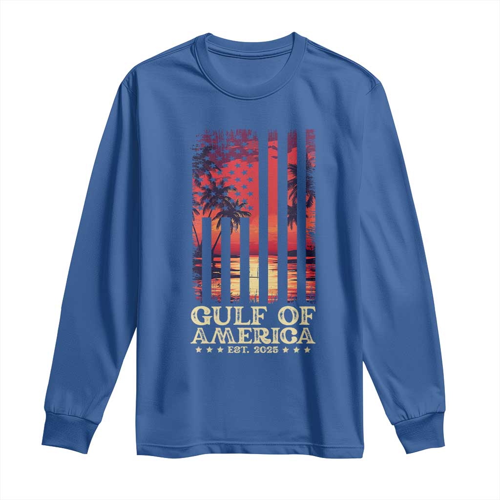 Gulf Of USA Est 2025 Long Sleeve Shirt Sunset American Flag Gulf Mexico TS09 Royal Blue Print Your Wear
