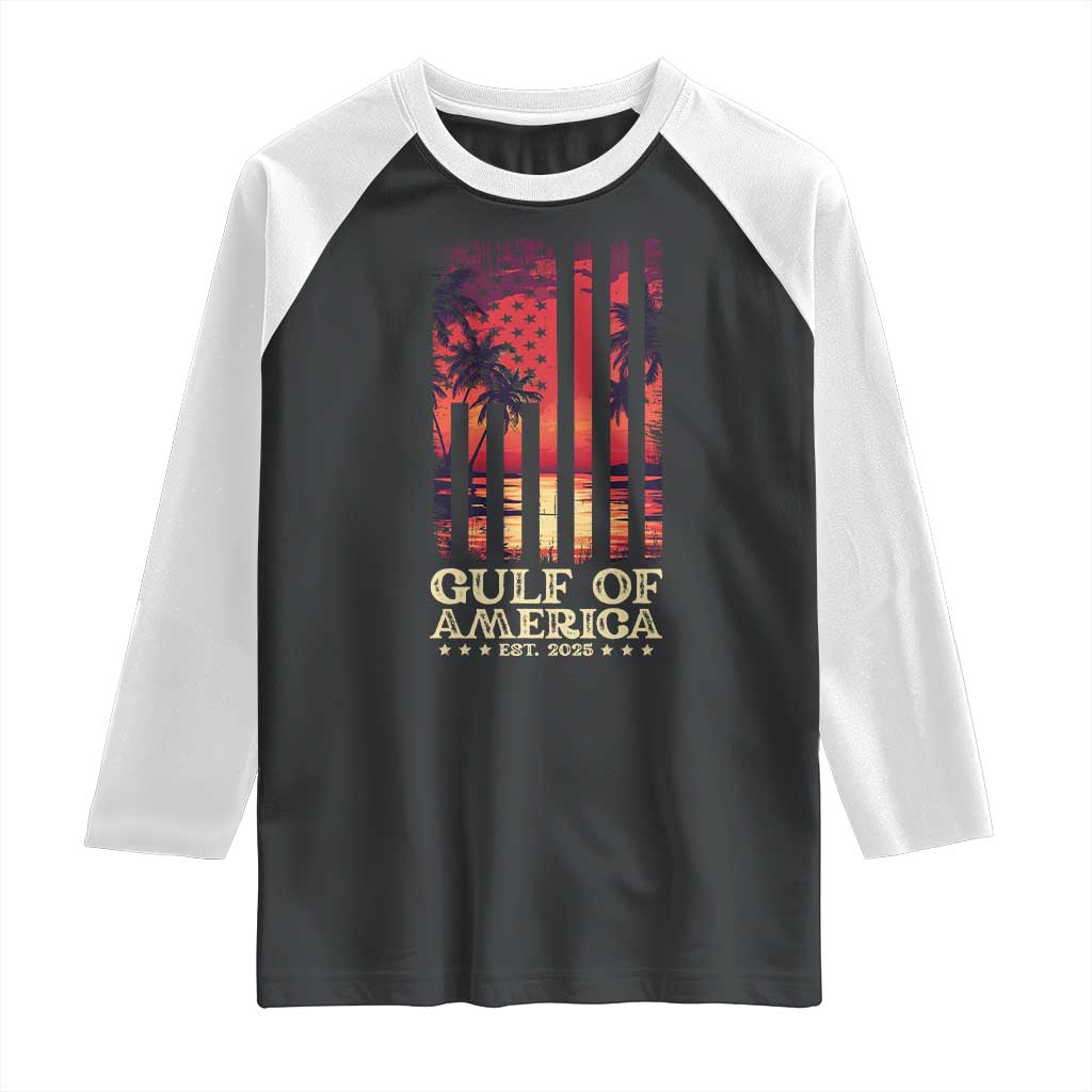 Gulf Of USA Est 2025 Raglan Shirt Sunset American Flag Gulf Mexico TS09 Black White Print Your Wear