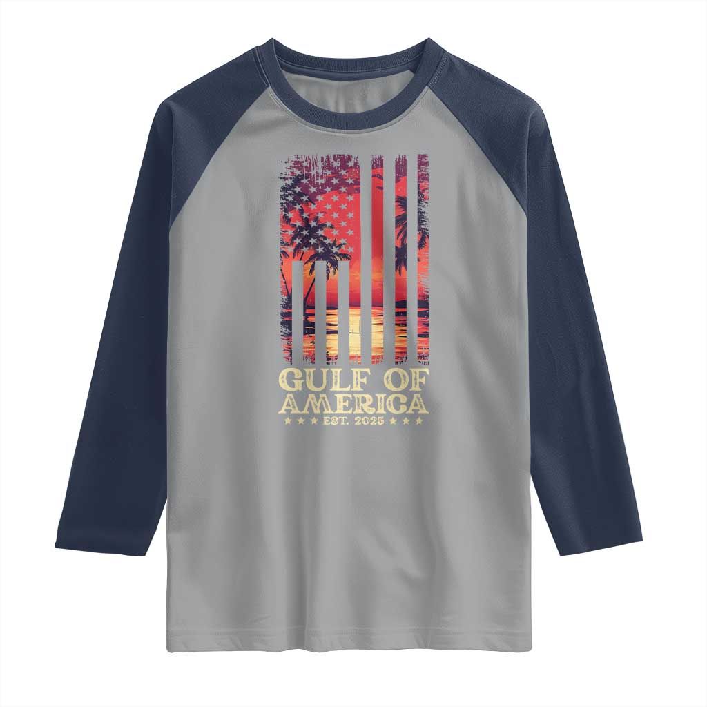 Gulf Of USA Est 2025 Raglan Shirt Sunset American Flag Gulf Mexico TS09 Sport Gray Navy Print Your Wear
