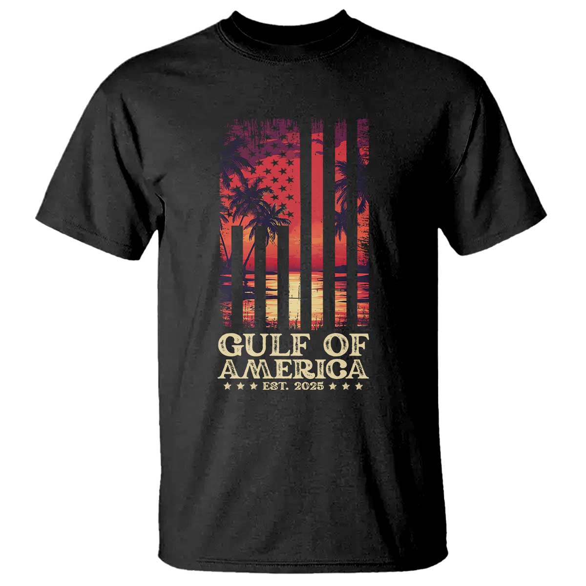 Gulf Of America Est 2025 T Shirt Sunset American Flag Gulf Mexico TS09 Black Print Your Wear