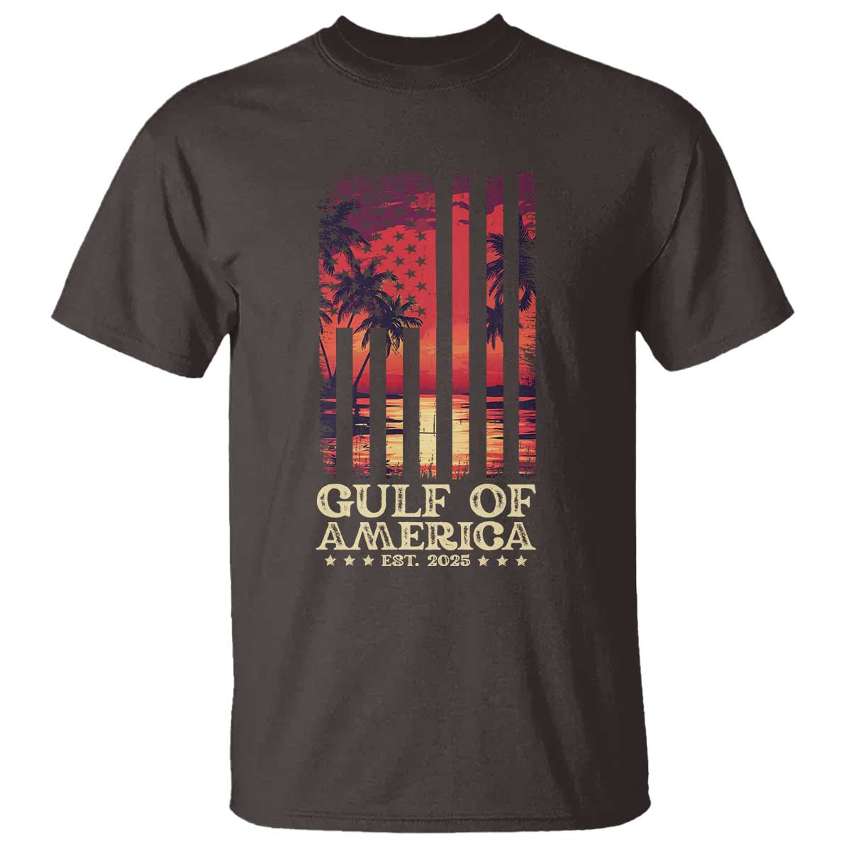 Gulf Of USA Est 2025 T Shirt Sunset American Flag Gulf Mexico TS09 Dark Chocolate Print Your Wear