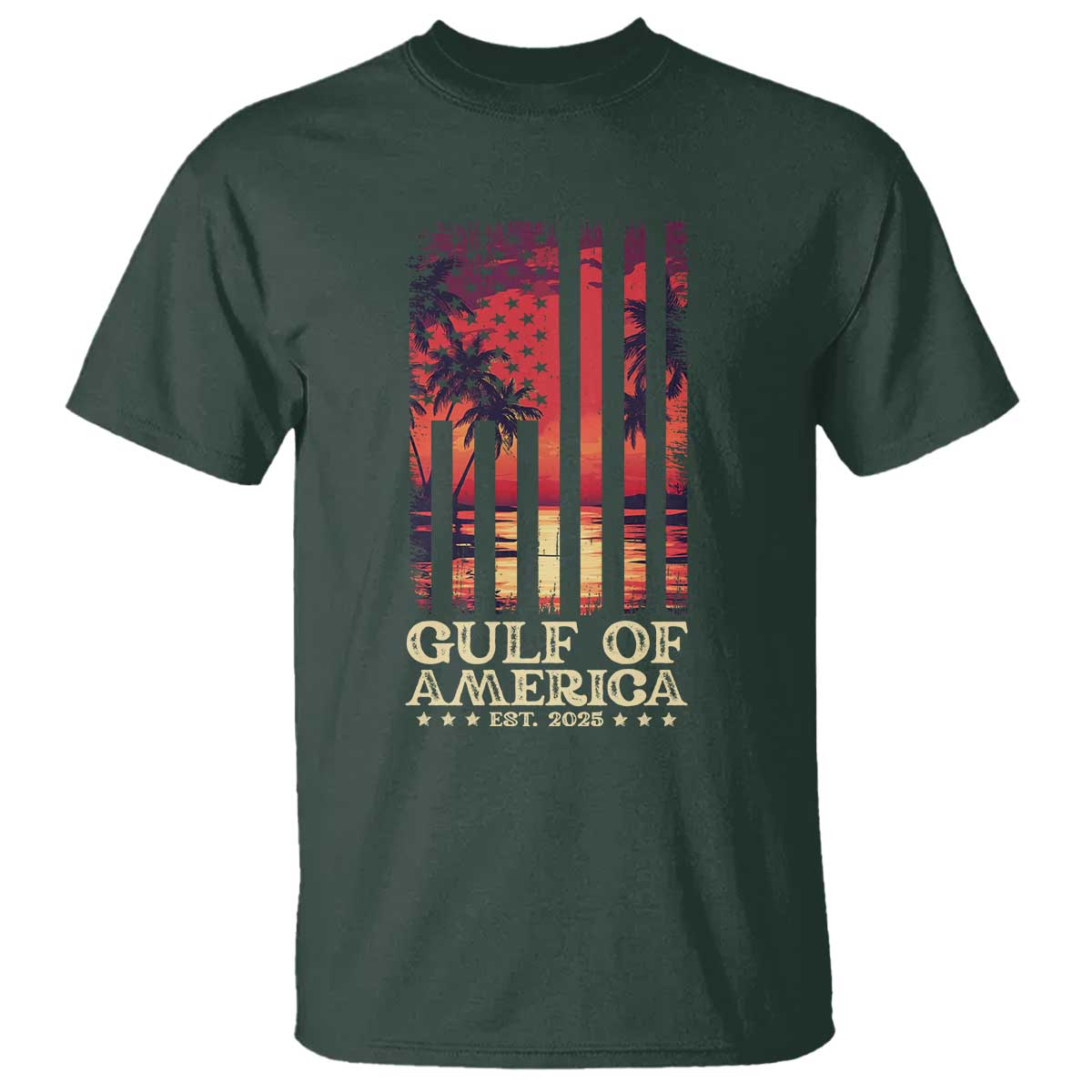 Gulf Of USA Est 2025 T Shirt Sunset American Flag Gulf Mexico TS09 Dark Forest Green Print Your Wear