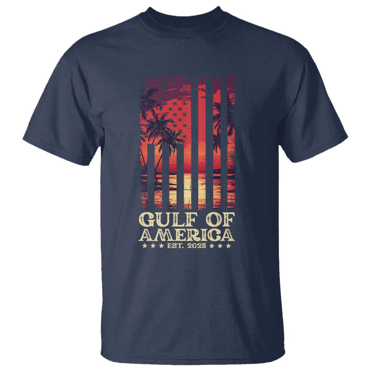 Gulf Of USA Est 2025 T Shirt Sunset American Flag Gulf Mexico TS09 Navy Print Your Wear