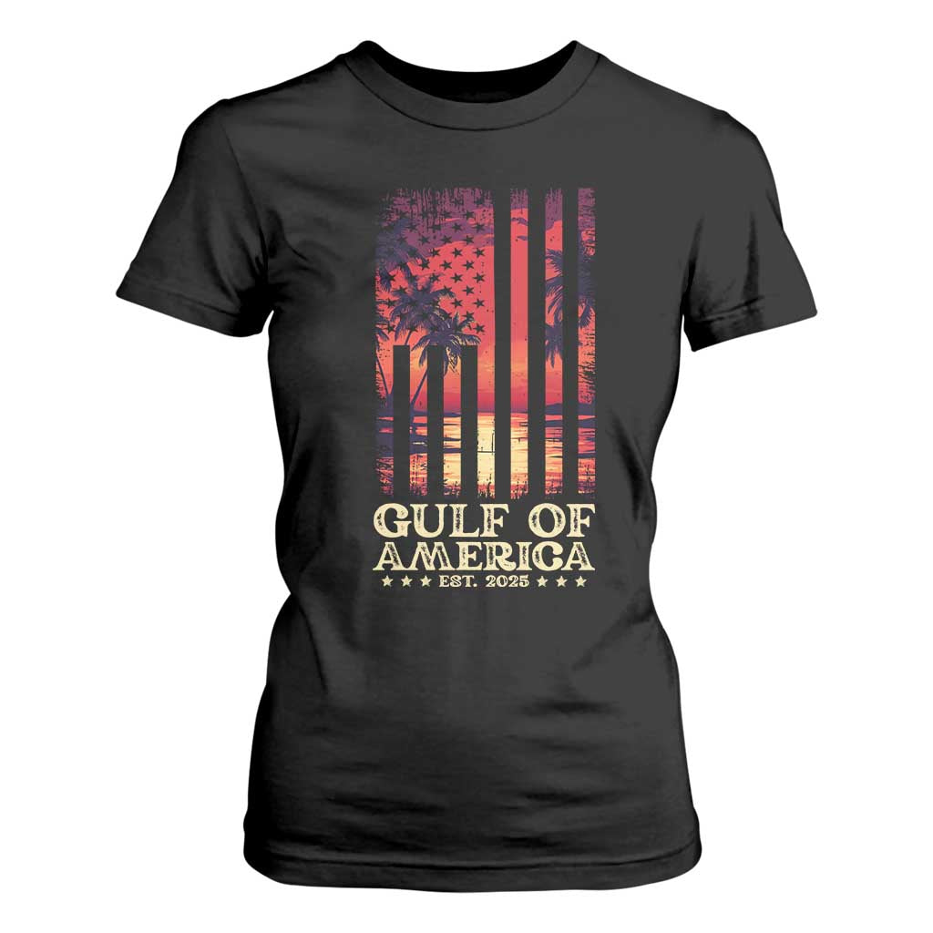 Gulf Of USA Est 2025 T Shirt For Women Sunset American Flag Gulf Mexico TS09 Black Print Your Wear