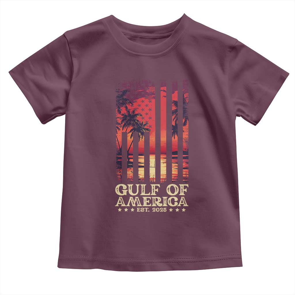 Gulf Of USA Est 2025 Toddler T Shirt Sunset American Flag Gulf Mexico TS09 Maroon Print Your Wear