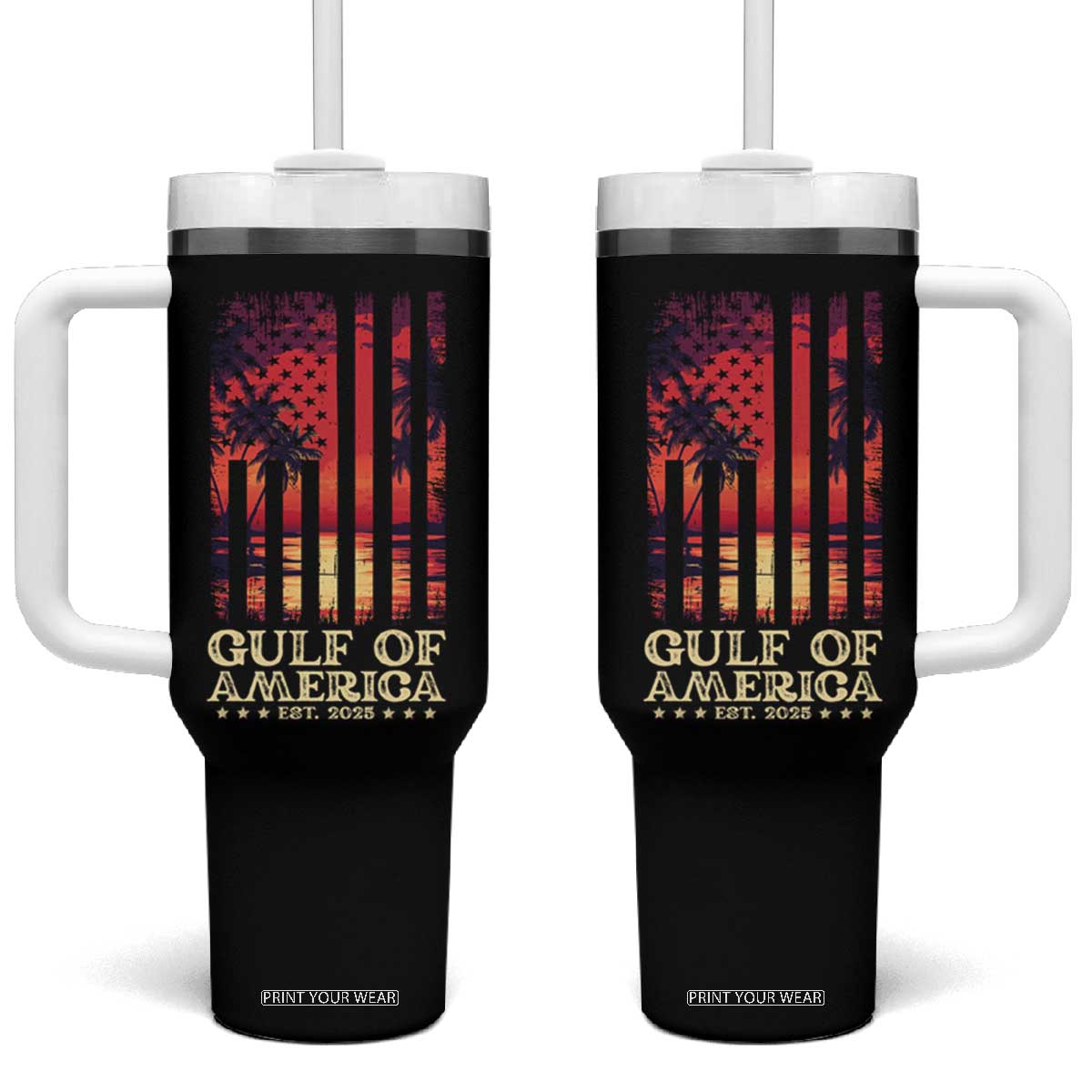 Gulf Of USA Est 2025 Tumbler With Handle Sunset American Flag Gulf Mexico TS09 One Size: 40 oz Black Print Your Wear