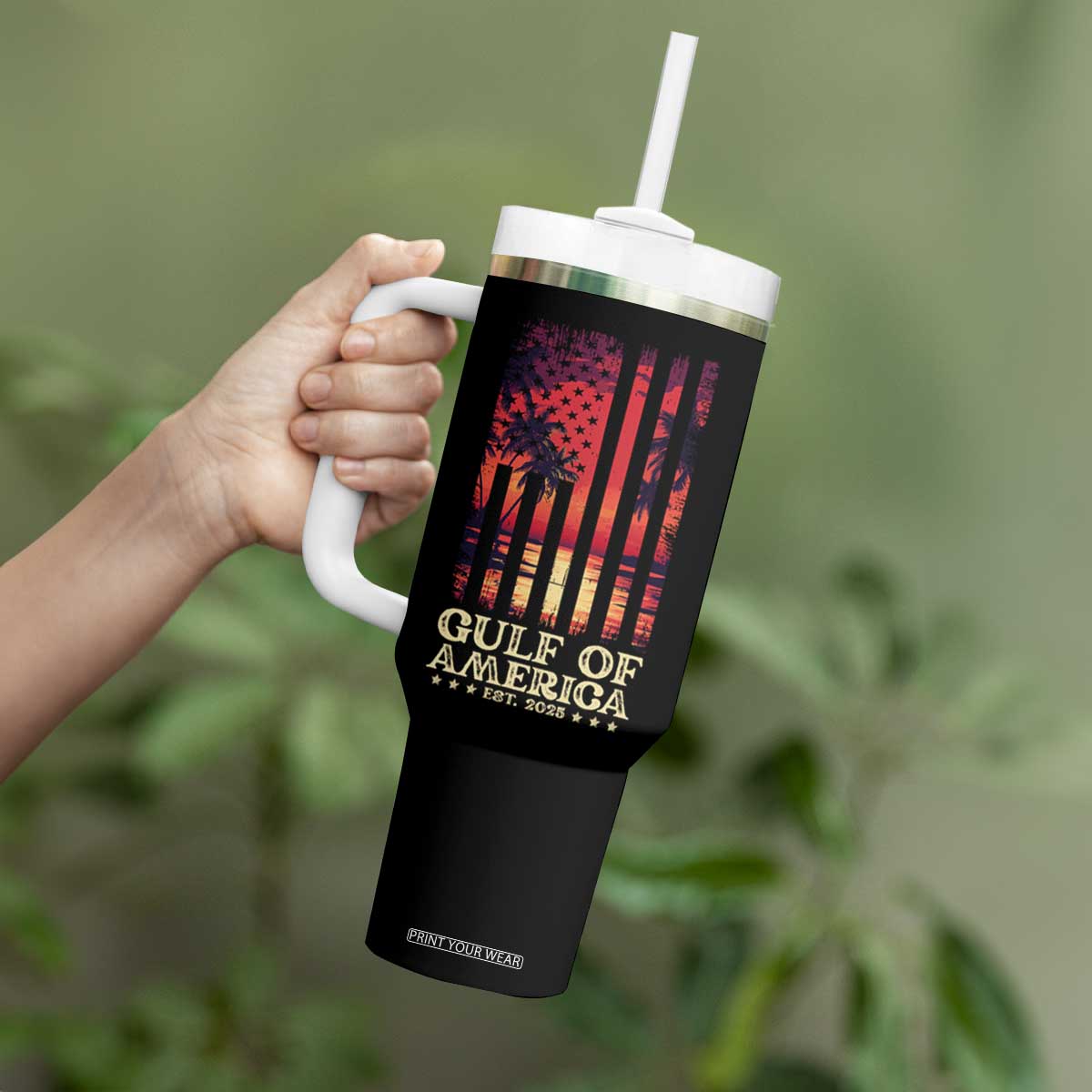 Gulf Of USA Est 2025 Tumbler With Handle Sunset American Flag Gulf Mexico TS09 Print Your Wear