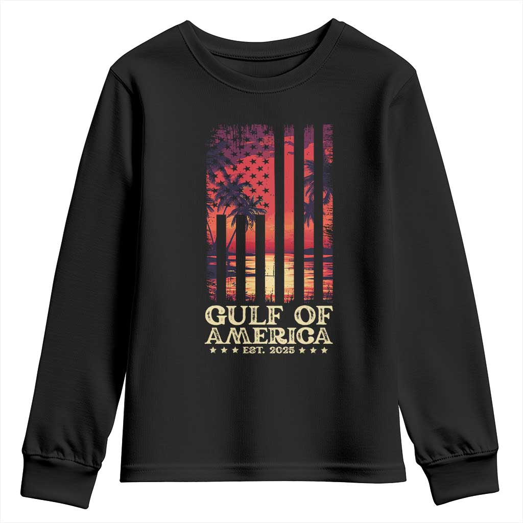 Gulf Of USA Est 2025 Youth Sweatshirt Sunset American Flag Gulf Mexico TS09 Black Print Your Wear