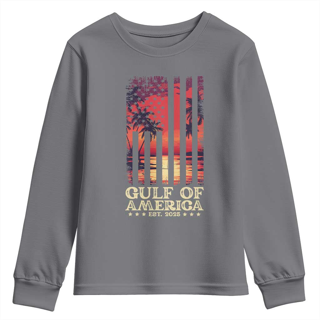 Gulf Of USA Est 2025 Youth Sweatshirt Sunset American Flag Gulf Mexico TS09 Charcoal Print Your Wear