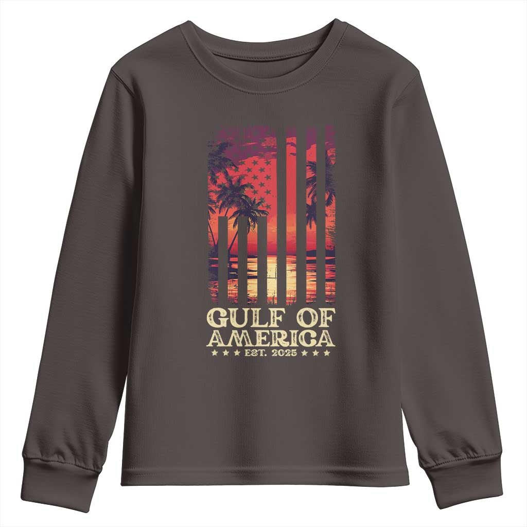 Gulf Of USA Est 2025 Youth Sweatshirt Sunset American Flag Gulf Mexico TS09 Dark Chocolate Print Your Wear