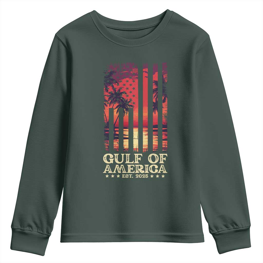Gulf Of USA Est 2025 Youth Sweatshirt Sunset American Flag Gulf Mexico TS09 Dark Forest Green Print Your Wear