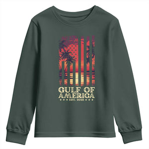 Gulf Of USA Est 2025 Youth Sweatshirt Sunset American Flag Gulf Mexico TS09 Dark Forest Green Print Your Wear