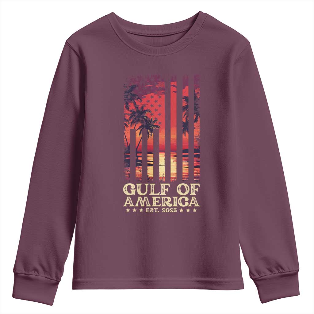 Gulf Of USA Est 2025 Youth Sweatshirt Sunset American Flag Gulf Mexico TS09 Maroon Print Your Wear