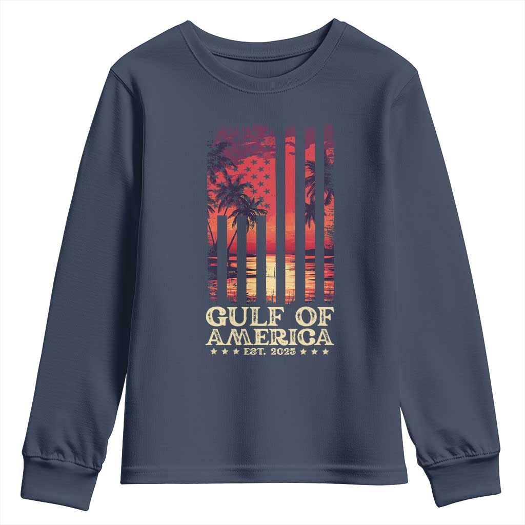 Gulf Of USA Est 2025 Youth Sweatshirt Sunset American Flag Gulf Mexico TS09 Navy Print Your Wear