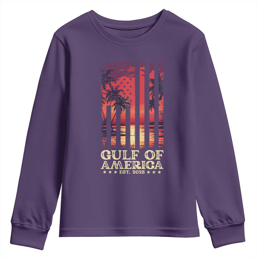 Gulf Of USA Est 2025 Youth Sweatshirt Sunset American Flag Gulf Mexico TS09 Purple Print Your Wear