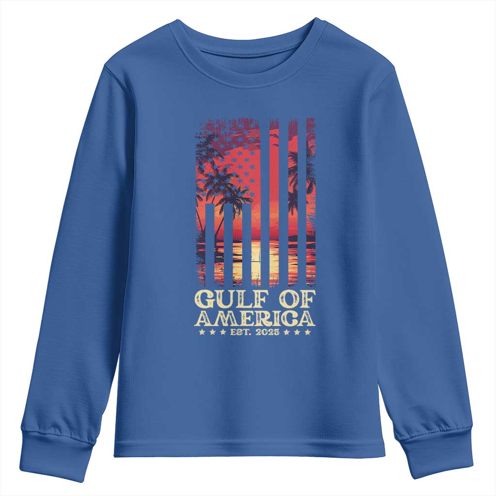 Gulf Of USA Est 2025 Youth Sweatshirt Sunset American Flag Gulf Mexico TS09 Royal Blue Print Your Wear