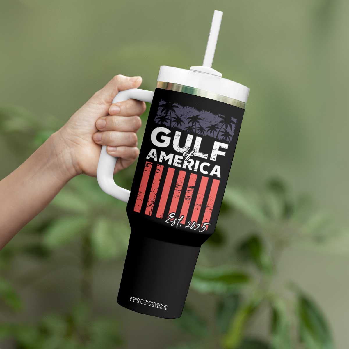 Gulf Of USA Tumbler With Handle Est 2025 American Flag Gulf Mexico TS09 Print Your Wear