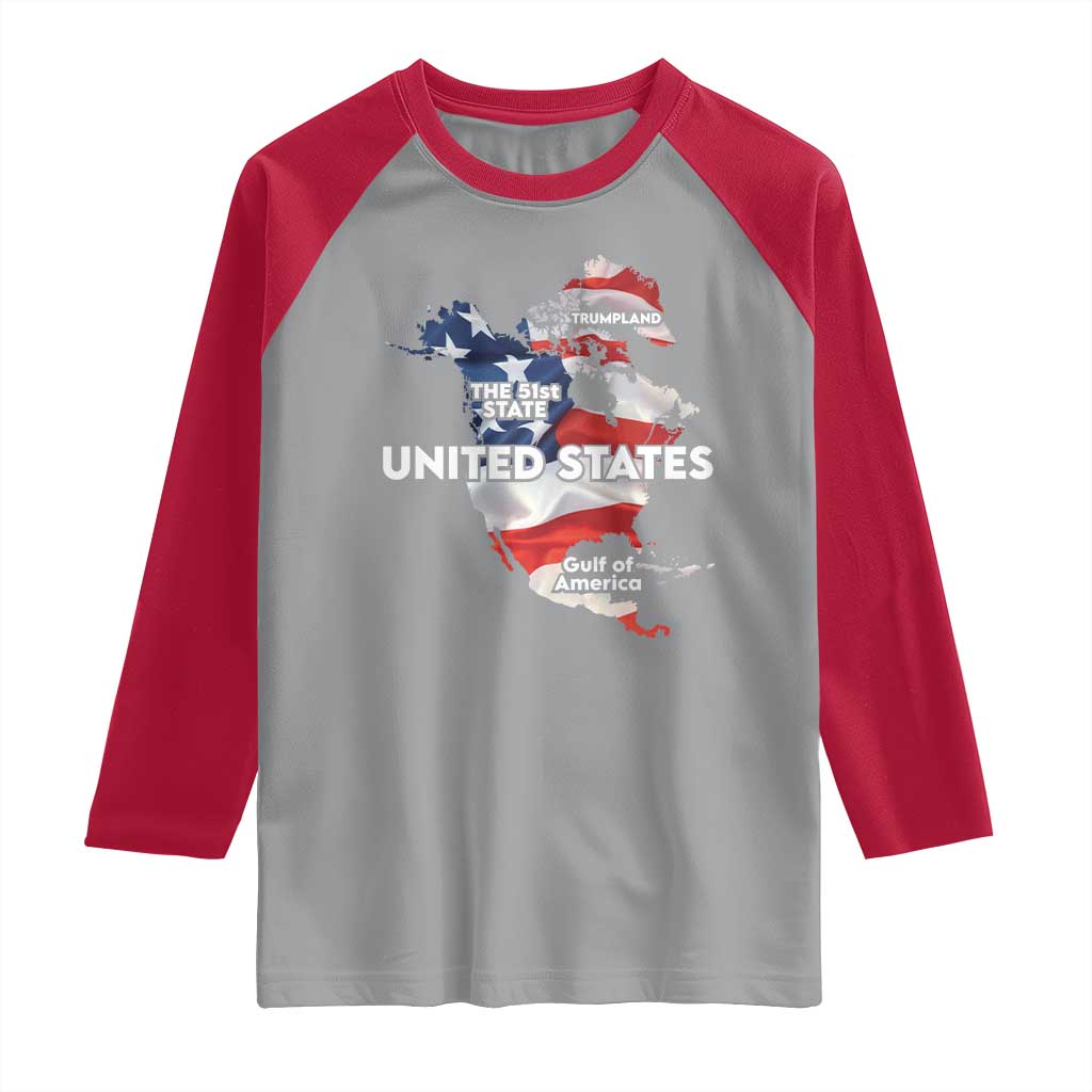 Funny Trump Map Of USA Raglan Shirt Canada Greenland Gulf Of Mexico TS09 Sport Gray Red Print Your Wear