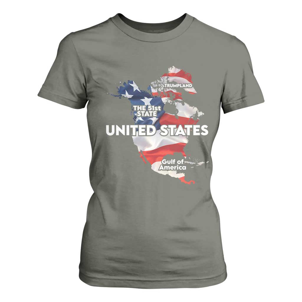 Funny Trump Map Of USA T Shirt For Women Canada Greenland Gulf Of Mexico TS09 Military Green Print Your Wear