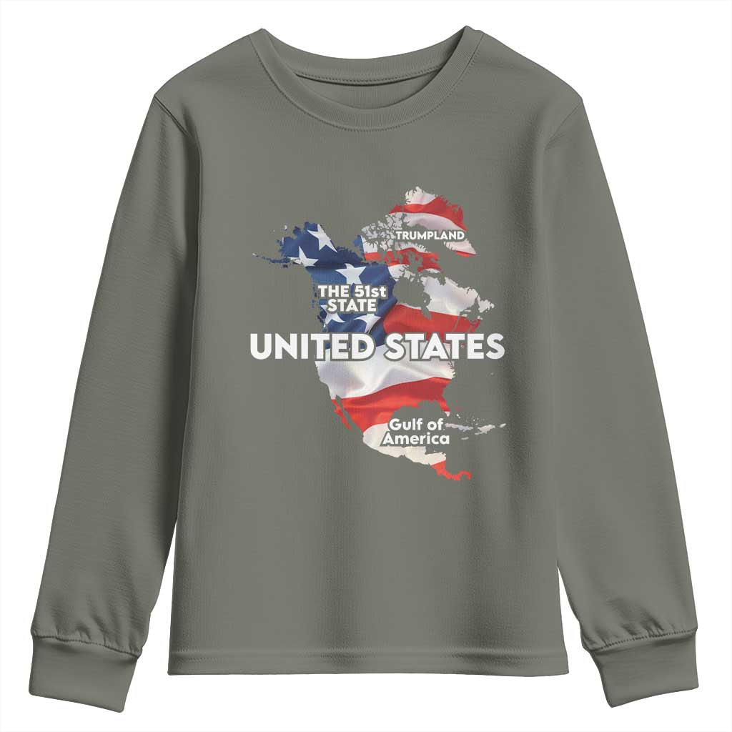Funny Trump Map Of USA Youth Sweatshirt Canada Greenland Gulf Of Mexico TS09 Military Green Print Your Wear