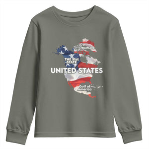 Funny Trump Map Of USA Youth Sweatshirt Canada Greenland Gulf Of Mexico TS09 Military Green Print Your Wear