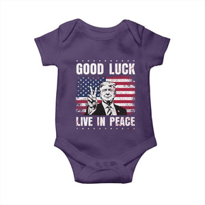 Trump 2025 Baby Onesie Good Luck Live In Peace Retro American Flag TS09 Purple Print Your Wear