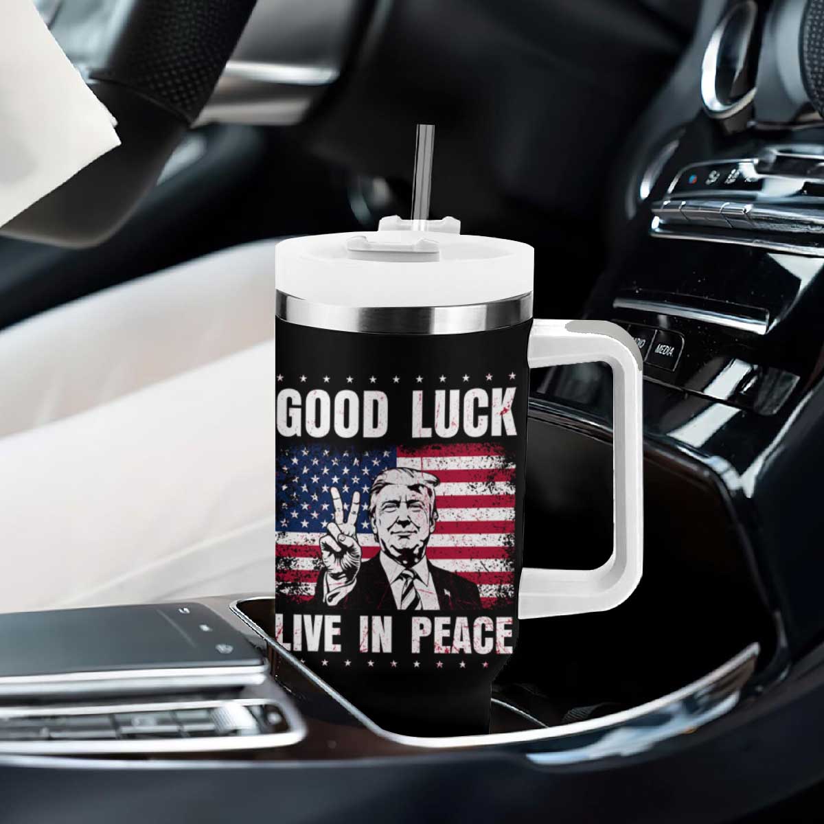 Trump 2025 Tumbler With Handle Good Luck Live In Peace Retro American Flag TS09 Print Your Wear
