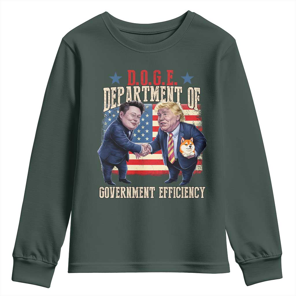 Trump Elon 2025 Youth Sweatshirt DOGE Department of Government Efficiency TS09 Dark Forest Green Print Your Wear
