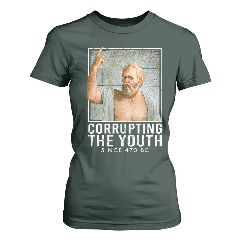 Funny Greek Philosophy Socrates T Shirt For Women Corrupting The Youth Philosopher TS09 Dark Forest Green Print Your Wear
