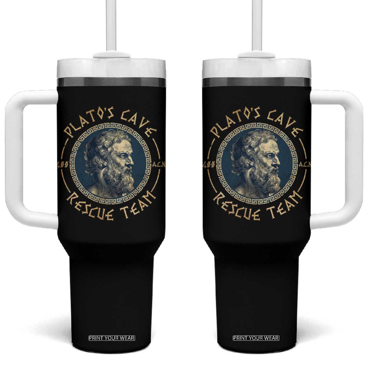 Greek Philosophy Plato Tumbler With Handle Platos Cave Rescue Team TS09 One Size: 40 oz Black Print Your Wear